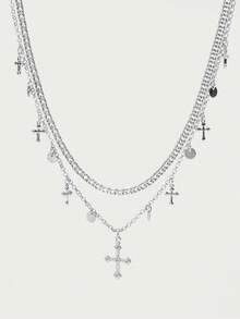 Glisma 18K镀金双十字项链，哥特风/复古风，串珠，西部风珠宝，金属质感，宝石，秋冬款，送给妈妈/女士/女孩/母亲，高级，复古，十字架/性感/优雅，夏季/海滩/舞会款，多层/宝石/串珠/水晶，吊坠/粗犷 - 白K - 查看 2