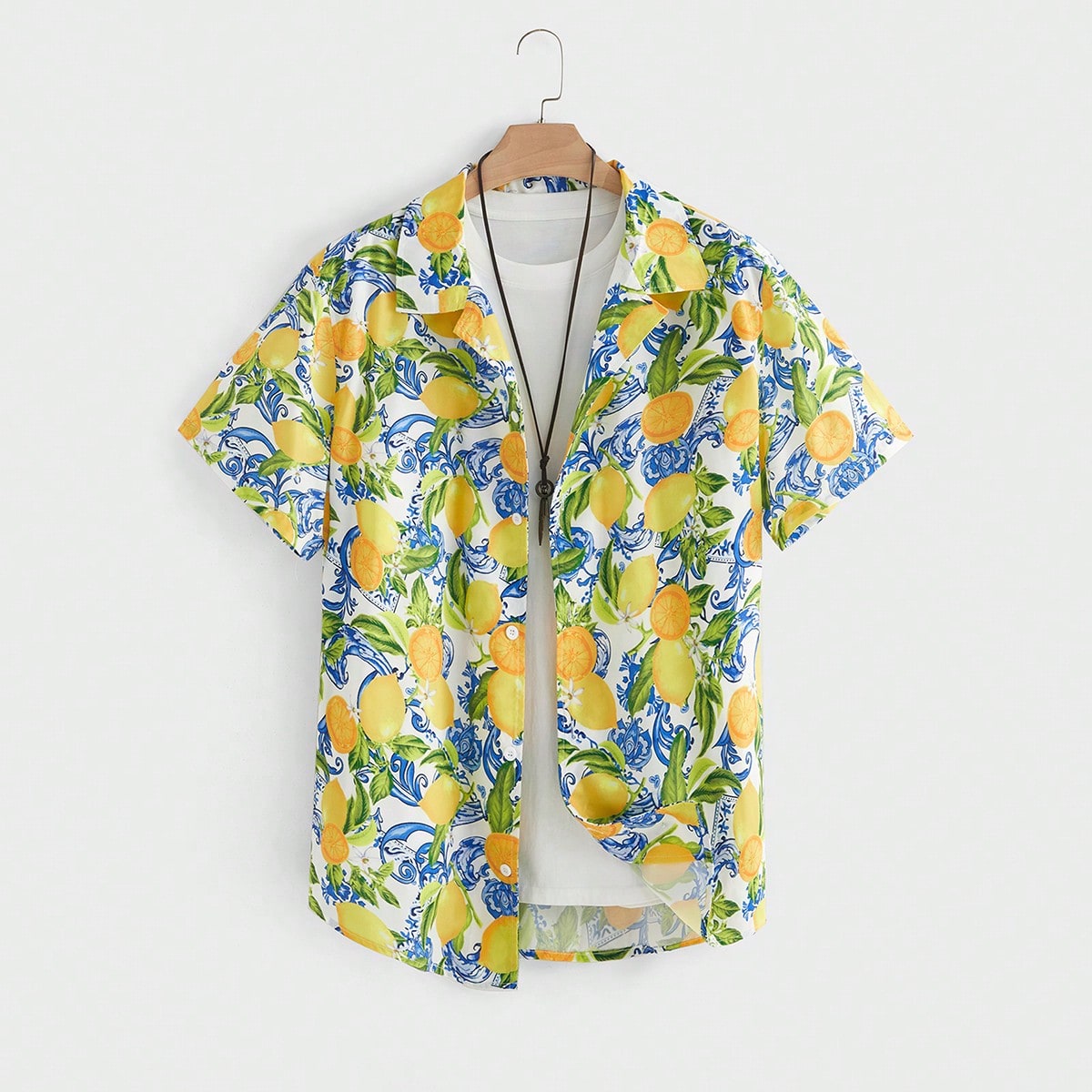 Camisa casual de manga corta con estampado de limones, abotonadura sencilla, talla grande para hombres, vacaciones, regalos del Día del Padre