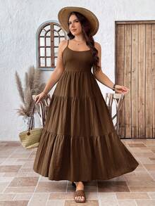 SHEIN LUNE 大码女式无袖可调节露背收腰休闲度假连衣裙，适合仲夏日、毕业典礼、婚礼宾客等场合，也可作为女士度假装、沙滩装、节日连衣裙、生日礼服等穿着。舒适休闲风，慵懒随性，适合度假、假日等场合，波西米亚风情。 - 咖啡棕 - 查看 7