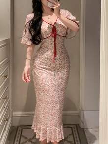 DAZY Ditsy Floral Contrast Trim Ruffle Sleeve Fitted Women Nightgown - Pink - View 3