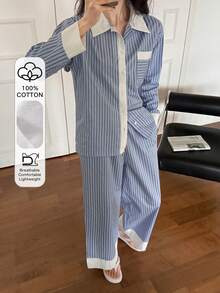 DAZY Contrast Color Striped Fabric Shirt Style Women Pajama Set - Blue - View 3