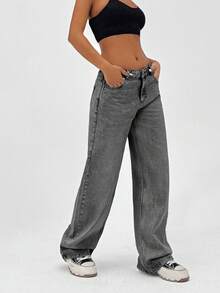 EURMUSE 100% Cotton WOMEN DENIM WIDE LEG LOW WAIST BAGGY JEANS VINTAGE - Light Grey - View 4
