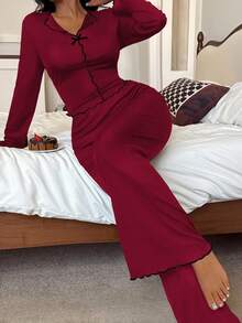 SHEIN Women's Red Contrast Trim Fitted Long Sleeve & Pants Pajama Set, Spring/Summer