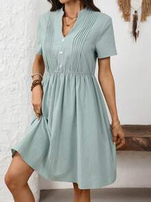 Faunlyn Robe courte décontractée pour femme, col cranté, couleur unie, convient pour les vacances - Vert clair - Voir 5
