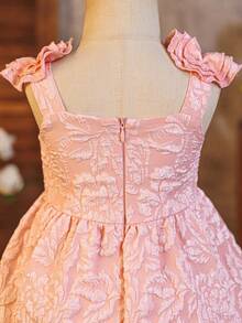 SHEIN Glamorique Kids 粉色纹理面料 3D 立体花朵不对称下摆方领女婴/幼儿连衣裙