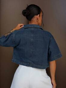 SAYEHFBABY 女式休閒雙口袋牛仔短袖外套，夏季 - 深色水洗藍 - 查看 2