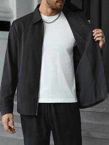 Manfinity CasualCool 男士纯色翻领拉链夹克搭配抽绳腰长裤休闲通勤套装 - 黑色 - 查看 8