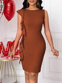 Lyxana Women's Ruffle Sleeve Fitted Elegant Ruffle Hem Short Dress, Valentine's Day Brown Bodycon Dress Brown Elegant Dress Women Rust Brown Dress Brown Sexy Dress - Coffee Brown - View 4