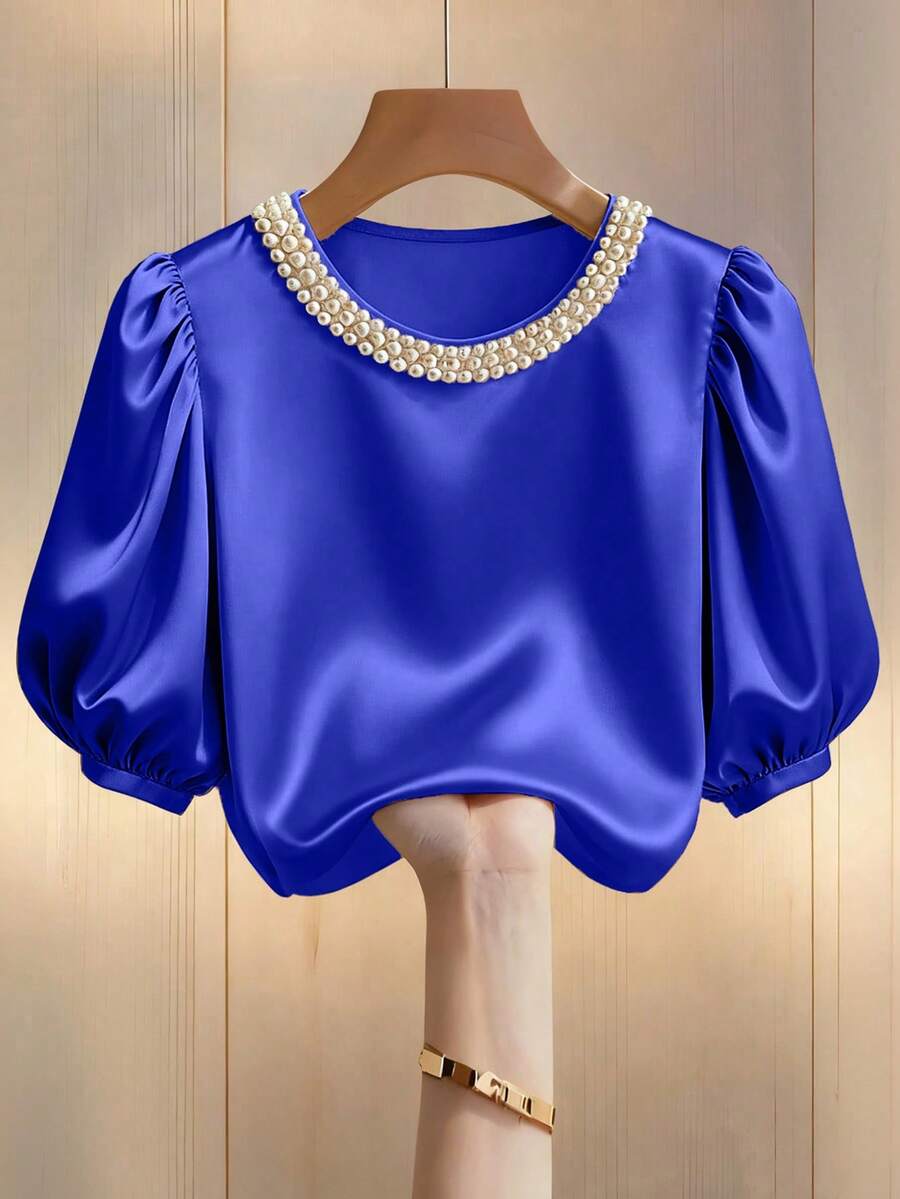 Franclia Summer New Fashion Sweet Design Beaded Round Neck Short Sleeve Casual Puff Sleeve Women Blouse - Blue - View 1
