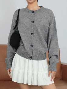 DAZY Teen Girl Bow Collar Long Sleeve Casual Knit Cardigan