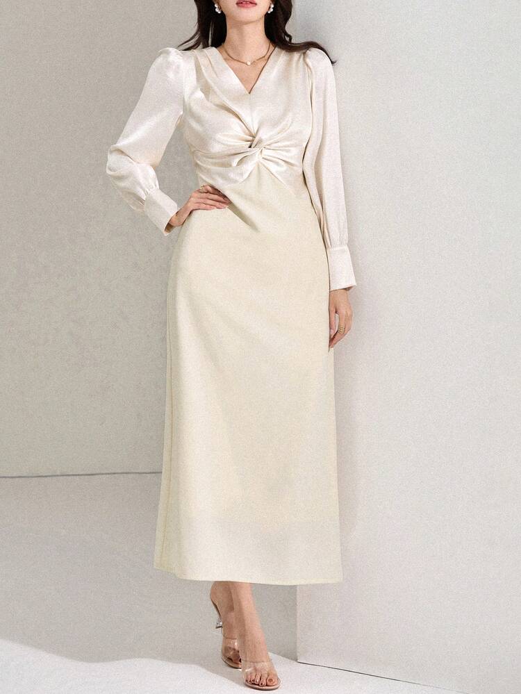 Women's V-Neck Twist Waist Long Sleeve Dress, Elegant Sundress