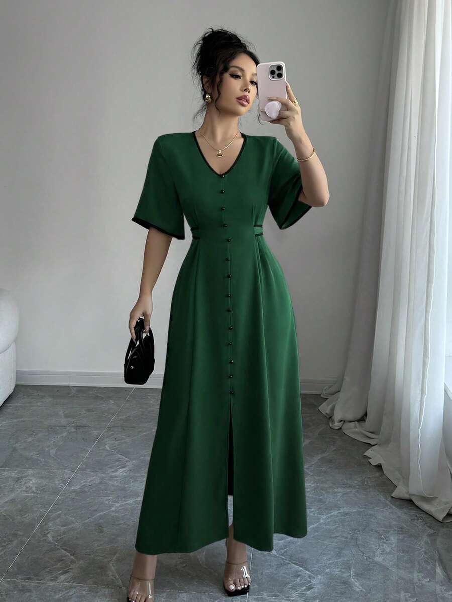 Elenzga Đầm maxi nữ thiết kế mới mùa xuân/hè màu mơ phối đen, cổ chữ V, tay bồng, thắt lưng buộc dây, eo rộng, dáng chữ A xẻ tà, phong cách thường ngày, đi nghỉ mát, thanh lịch cao cấp. - Màu xanh lá cây đậm - Xem 1