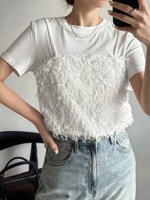 FRIFUL Women's Casual Loose Fit Solid Color Fuzzy Texture Camisole Layered T-Shirt, Versatile For Spring & Summer - White - View 3