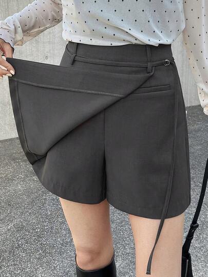 FRIFUL 女士纯色不对称下摆休闲系带短裙