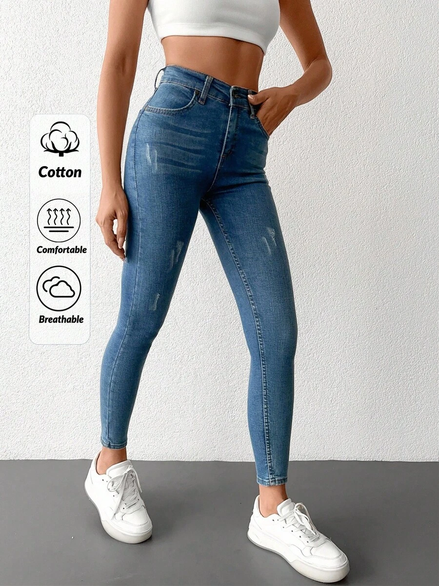 SHEIN 96% Cotton High Waist Ripped Skinny Jeans Tall - Blue - View 1