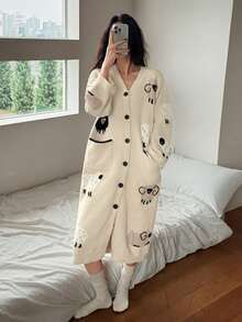 DAZY Women's Cozy Fleece Sheep Pattern Robe, Casual Loungewear For Autumn/Winter - Apricot - View 4