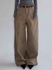 DAZY 复古休闲美拉德棕色直筒女裤 - 棕色 - 查看 4