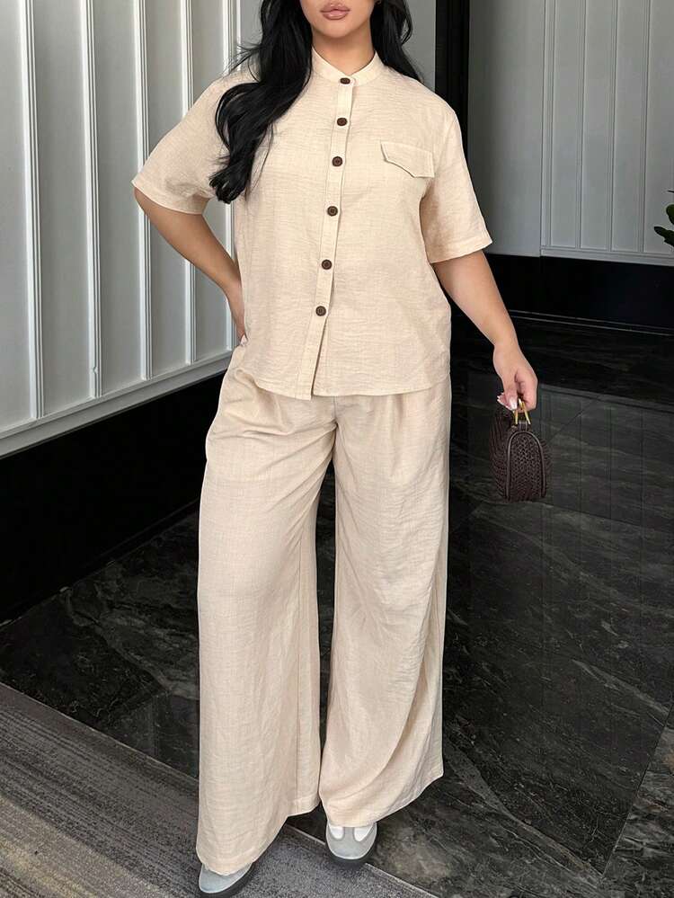Dazy Plus 2pcs/Set Casual Round Neck Loose Pocket Decor Short Sleeve Shirt Top And Wide Leg Pants Plus Size Women Spring/Summer Lounge Sets For Women