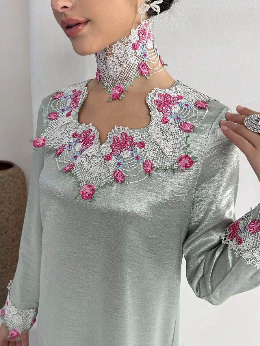 Yasmyna Women's Elegant Floral Embroidered Arabic Style Dress, Autumn - Green - View 1