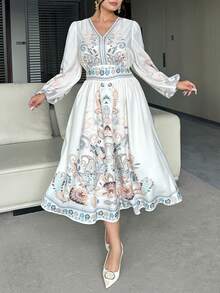 Dazy Plus Plus Size V-Neck Floral Retro Print Lantern Sleeve Waist Cinched Maxi Dress, Elegant Palace Style, Spring/Summer - Apricot - View 2