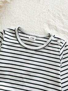 SHEIN Vintaside Kids Newborn Spring Casual Striped Round Neck Long Sleeve Top With Cute Bear Embroidery & Versatile Washable Denim Strap Jumpsuit - Blue - View 7