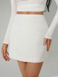 SHEIN Tall 高腰羊毛格子半身裙 白色网球裙 白色