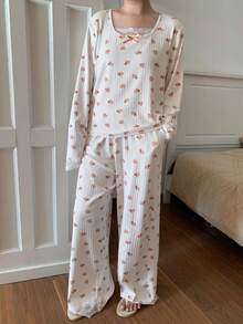Dazy Plus Fashionable & Cute Cartoon Bear Floral Print Patchwork Collar Fitted Top & Loose Straight Pants Pajama Set, Spring/Autumn - White - View 4