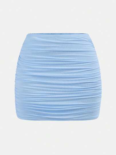 Girlism Teen Girls' Blue Mesh Elastic Ruched Snug Fit Versatile Casual Elegant Shorts/Skirt Light Blue Skirt Mesh Skirt Mini Skirt Ruched Skirt Bubble Skirt