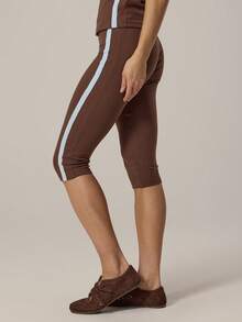 MUSERA Side Stripe Fitted Capri Pants Spring Girly Day Cute Casual Summer Pants - Brown - View 3