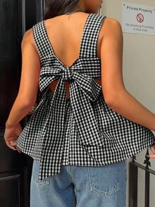 SHEIN EZwear 女士夏季度假休闲格子印花吊带背心 - 黑與白 - 查看 1