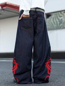 Manfinity EMRG Men's Chinese Dragon Embroidery Button Front Pocket Wide Leg Jeans Men's Embroidered Jeans Men's Embroidered Jeans - Blue - View 2