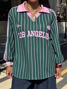 Muchica Plus Size Women's Graphic Tees,Jersey Shirt,Cute Tops,Going Out Tops,Plus Size T Shirt, Vertical Stripes Pattern Letter Print Contrast Color Loose Fit Casual Long Sleeve T-Shirt For Plus Size Women Winter Fall Autumn Oversized Jersey Jerseys For Women Striped Long Sleeve