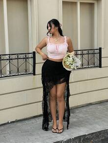 GalTyme EZwear 大码简约时尚黑色蕾丝半身裙，波西米亚风，适合夏季音乐节、锐舞派对/演唱会，也适合Y2K风格夏季穿着。