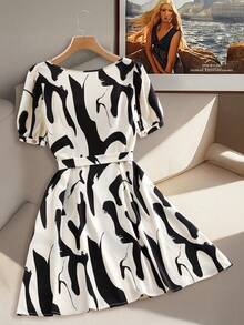 GlowEve CURVE Plus Size Black And White Random Print A Line Dress With Square Neck Half Puff Sleeve And Ruffle Hem - Black and White - View 2