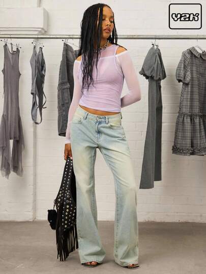 COUREZ 低腰长款喇叭浅色水洗牛仔裤 / Y2K 秋季女装街头复古阔腿裤宽松牛仔裤