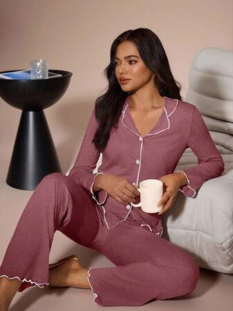 SHEIN Casual Lös Överdimensionerad Mjukt Fall Lätt Sommar Stickad Khaki Volangkant Långärmad Topp Och Byxor Set För Dam Vinröd Pyjamas Set Stickad Pyjamas Set Dam Lounge Set Långärmad Lounge Set, Höst Vinterkläder