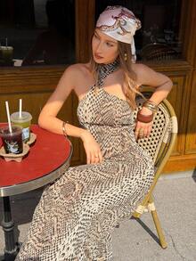 Chiquease Oblique Shoulder Halter Neck Design Elegant Figure-Flattering Slim Fit Bodycon Maxi Dress, Spring/Autumn Snake Dress Animal Print Dress Halter Neck Dress Midi Dress One Shoulder Dress - Multicolor - View 4