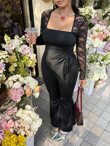 GalTyme Autumn/Winter Swan Collar Asymmetric Ruched Long Sleeve T-Shirt Paired With Flared Leg Pants, Black Stretchy Knit 2-Piece Set, Suitable For Casual, Dating, Party, Back To School, Commuting