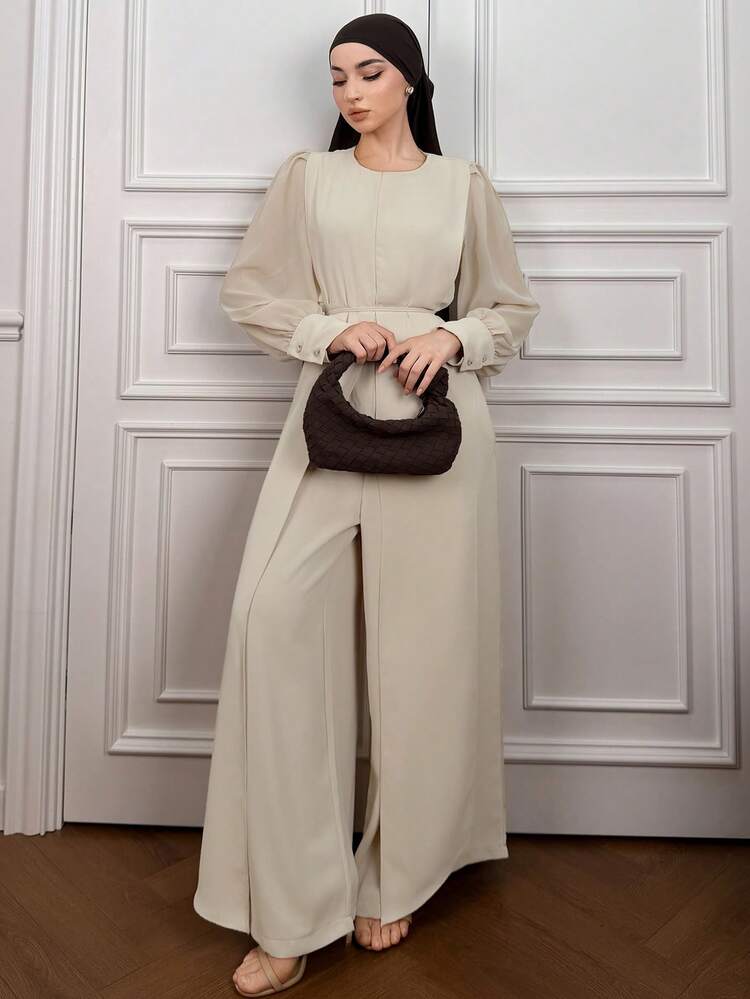 Women's Round Neck Patchwork Waist Straight Leg Casual Jumpsuit Lounge Sets For Women