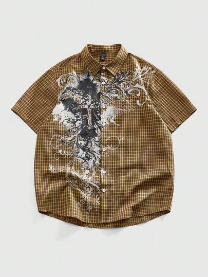 Grunge Punk Camisa casual de verano para hombre con botones, manga corta y estampado creativo a cuadros