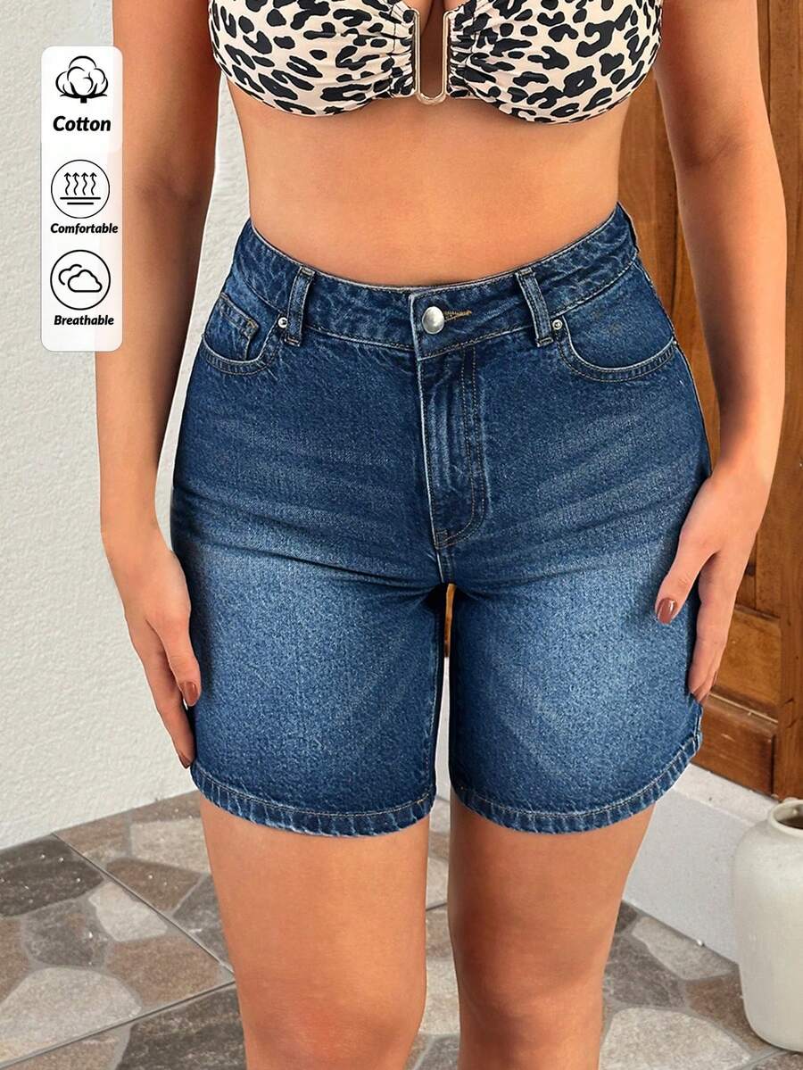 EURMUSE Damen High Waist Skinny Lässig vielseitige Jeans Shorts mit Taschen - Mittele Waschung - Übersicht 1