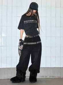 ROMWE Avant Women's Leopard Print & Letter Embroidery Rivet Decor Low Waist Wide Leg Jeans - Black - View 7