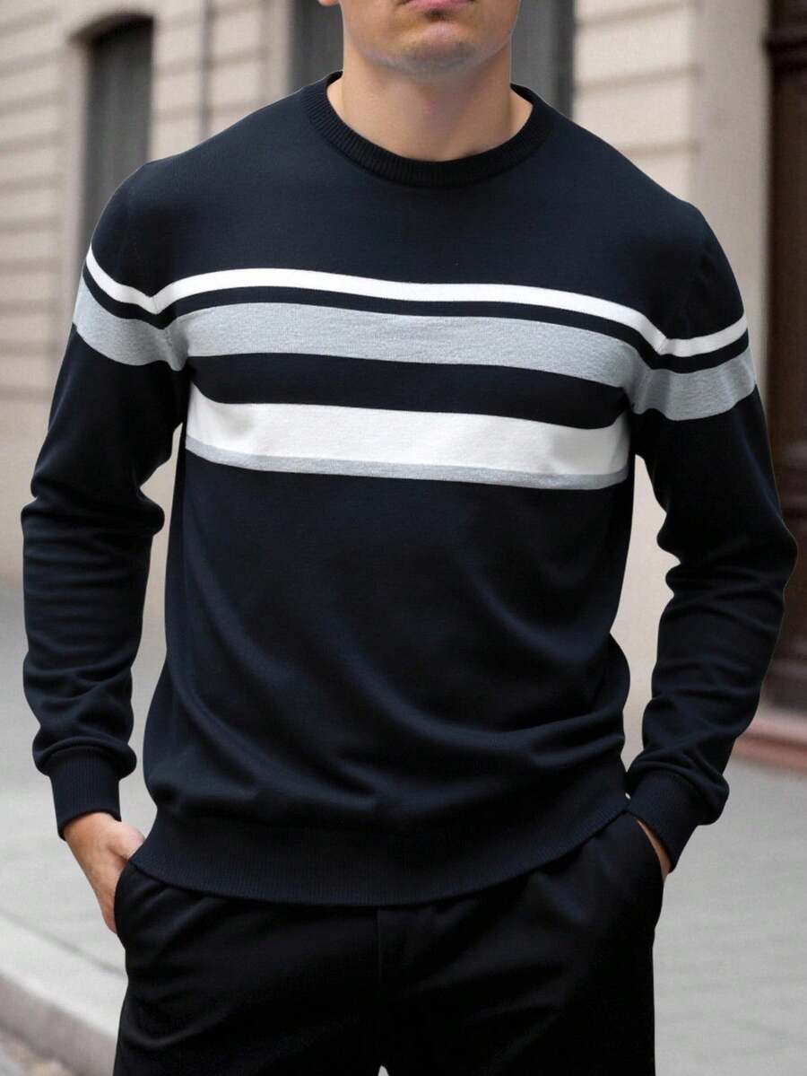 Manfinity Homme Modern Casual Men's Black Knitwear Sweater With Horizontal Stripes And Rib-Knit Details - Black - View 1