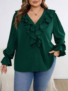 SHEIN CURVE+ Áo sơ mi nữ cỡ lớn viền bèo nhún chủ đề ngày lễ - Màu xanh lá cây đậm - Xem 3