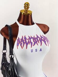 Amplova Women's Halter Backless Side Tassel Sexy Letter Print Sleeveless Dress, Suitable For Events And Casual Wear - White - View 7