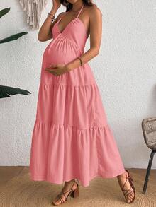 GentleRue Maternity 孕妇夏季性感度假风纯色层叠下摆露背系带连衣裙 - 粉色 - 查看 7