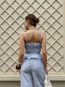 Siren Gaze 女士度假休闲条纹吊带背心和裤子两件套 - 藍白色 - 查看 2