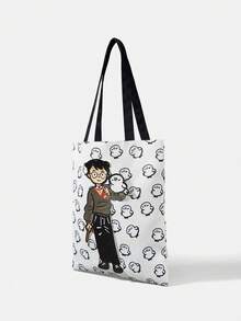 HARRY POTTER X SHEIN Una bolsa de lona con bordado de dibujos animados lindos y de moda - Blanco A - Ver 5