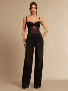 Silquee 女士撞色蕾丝网纱性感吊带连体衣 - 黑色 - 查看 1