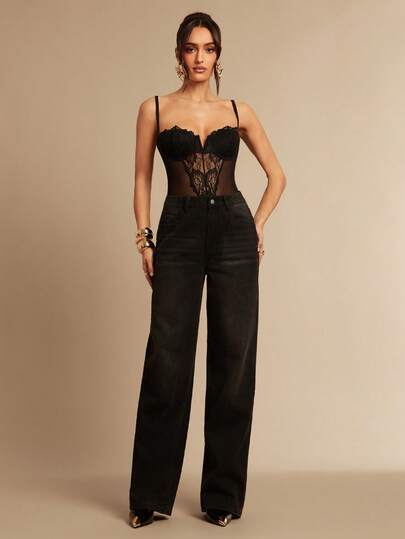 Silquee Women's Black Lace-Trimmed Corset, Sexy Lingerie, Versatile Stockings, Suitable For Date Nights, Women's Corsets, Coats, Sexy Lace Corsets, Disco Costumes, Halloween Costumes, Chicago Music Festival, Black Stockings, Valentine's Day, Women's Valentine's Day Clothing.